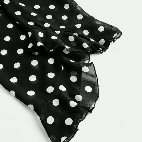 Black Women's Polka Dot Print Design Front Bow Tie Ruffle details blouse - Picture 11 of 11